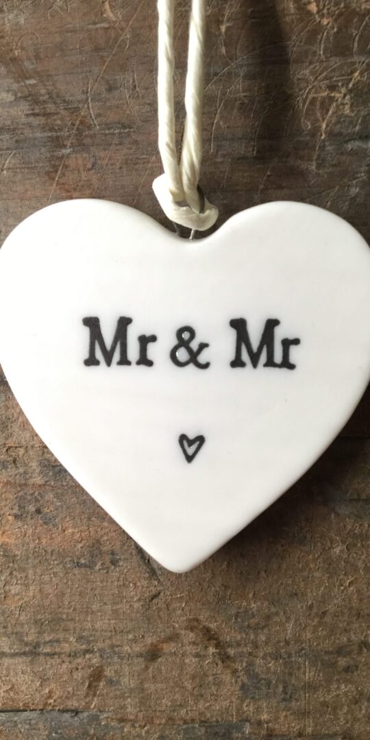 East Of India Small porcelain heart with string. message reads 'Mr & Mr'