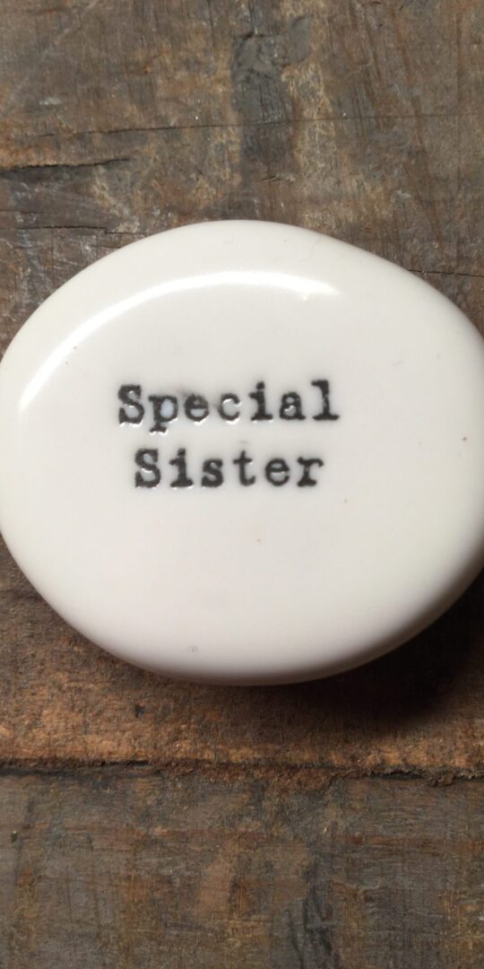 East Of India Small White Porcelain Pebble with Black Type Engraved. Saying: Special Sister