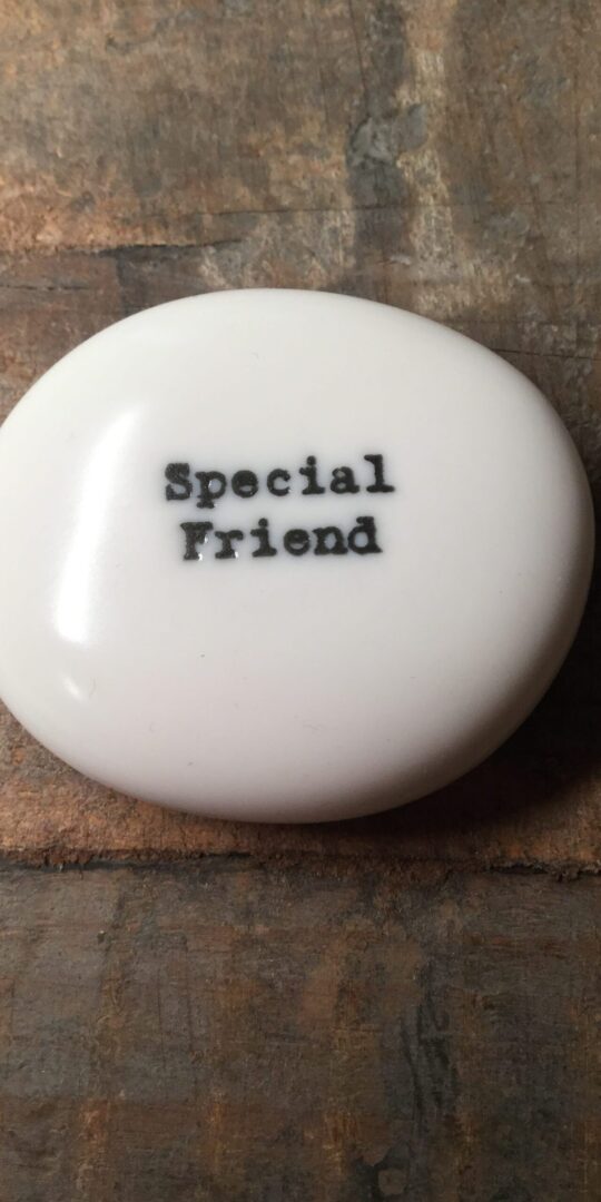 East Of India Small White Porcelain Pebble with Black Type Engraved. Saying: Special Friend