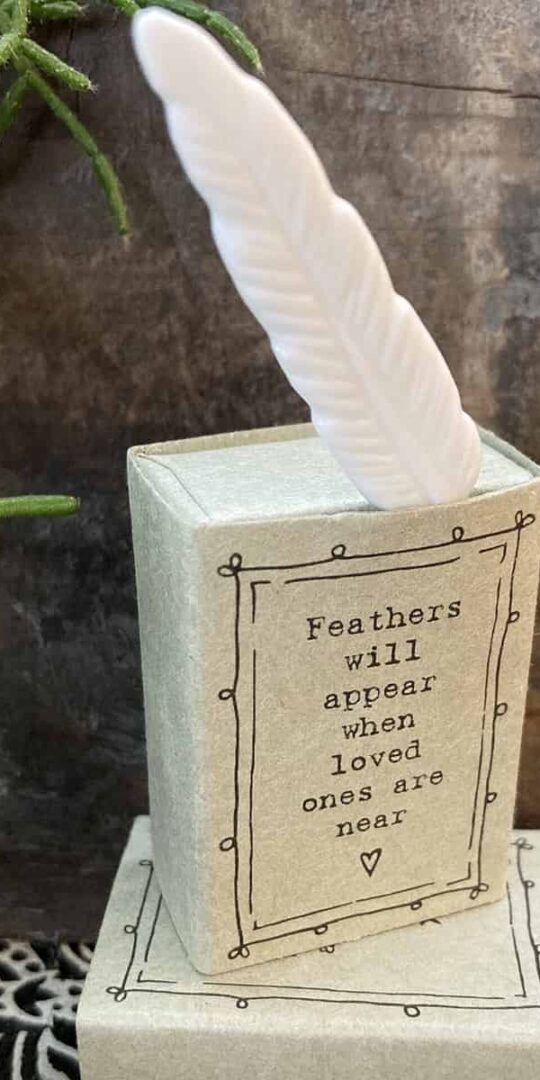 East of India Porcelain Feather in a Matchbox 'When Feathers Appear Loved Ones Are Near'
