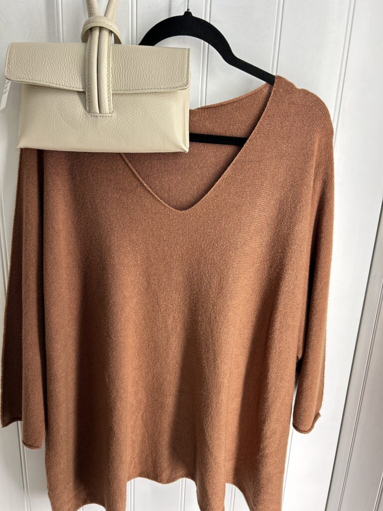 October loose V-neck jumper. Toffee