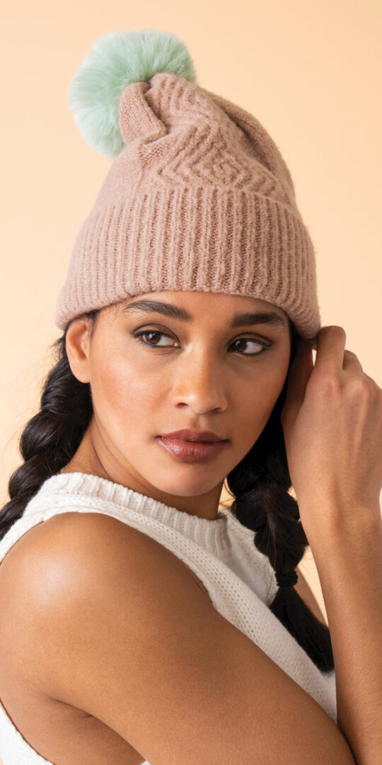 Powder Ingrid Bobble hat in Taupe and Aqua