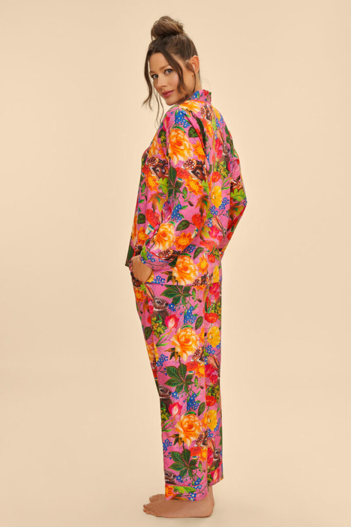 Powder long pyjamas in Lilac Whimsical woodland design. Cute and colourful