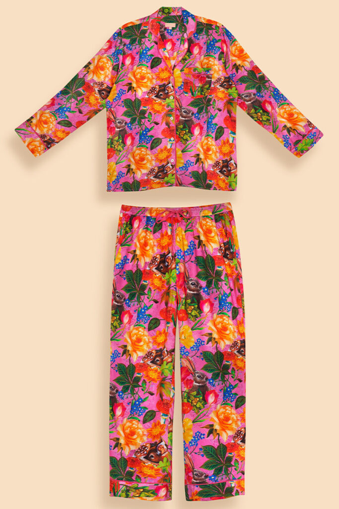 Powder long pyjamas in Lilac Whimsical woodland design. Cute and colourful