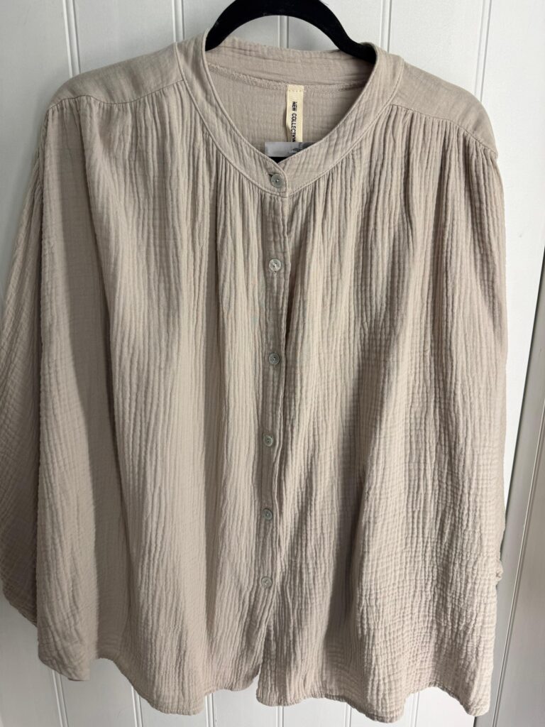 Isabelle shirt. Collarless, long sleeve. Generous fit. Oatmeal.