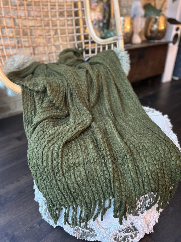Brixton Throw in Olive. Super soft, textured and fringed