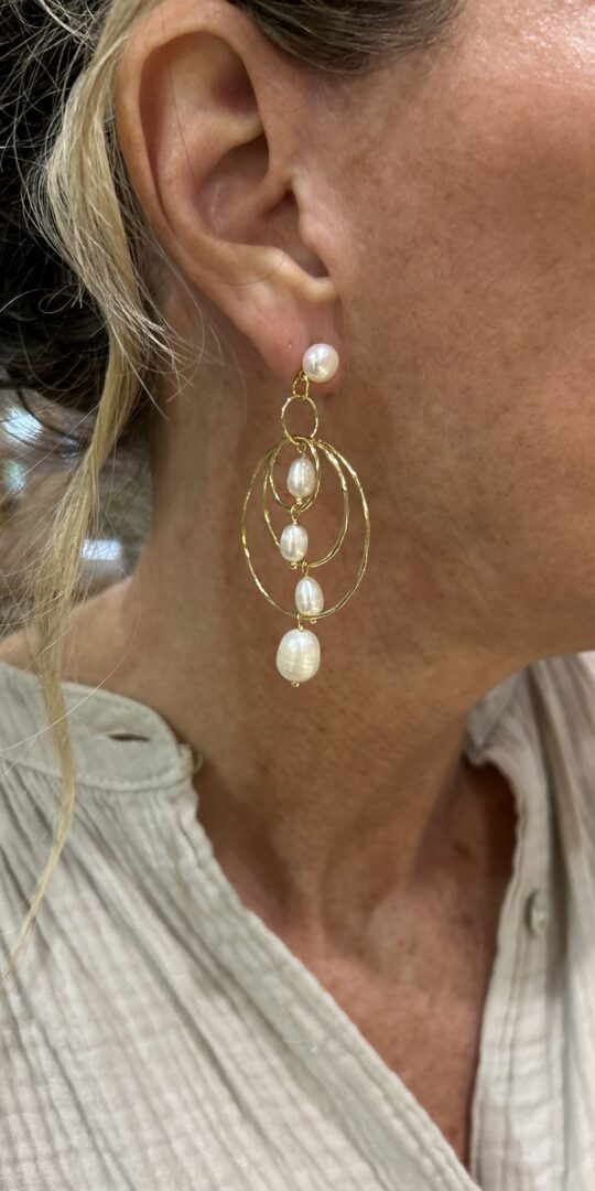 Freshwater Waterfall earrings. Gold hoops and pearl combination.