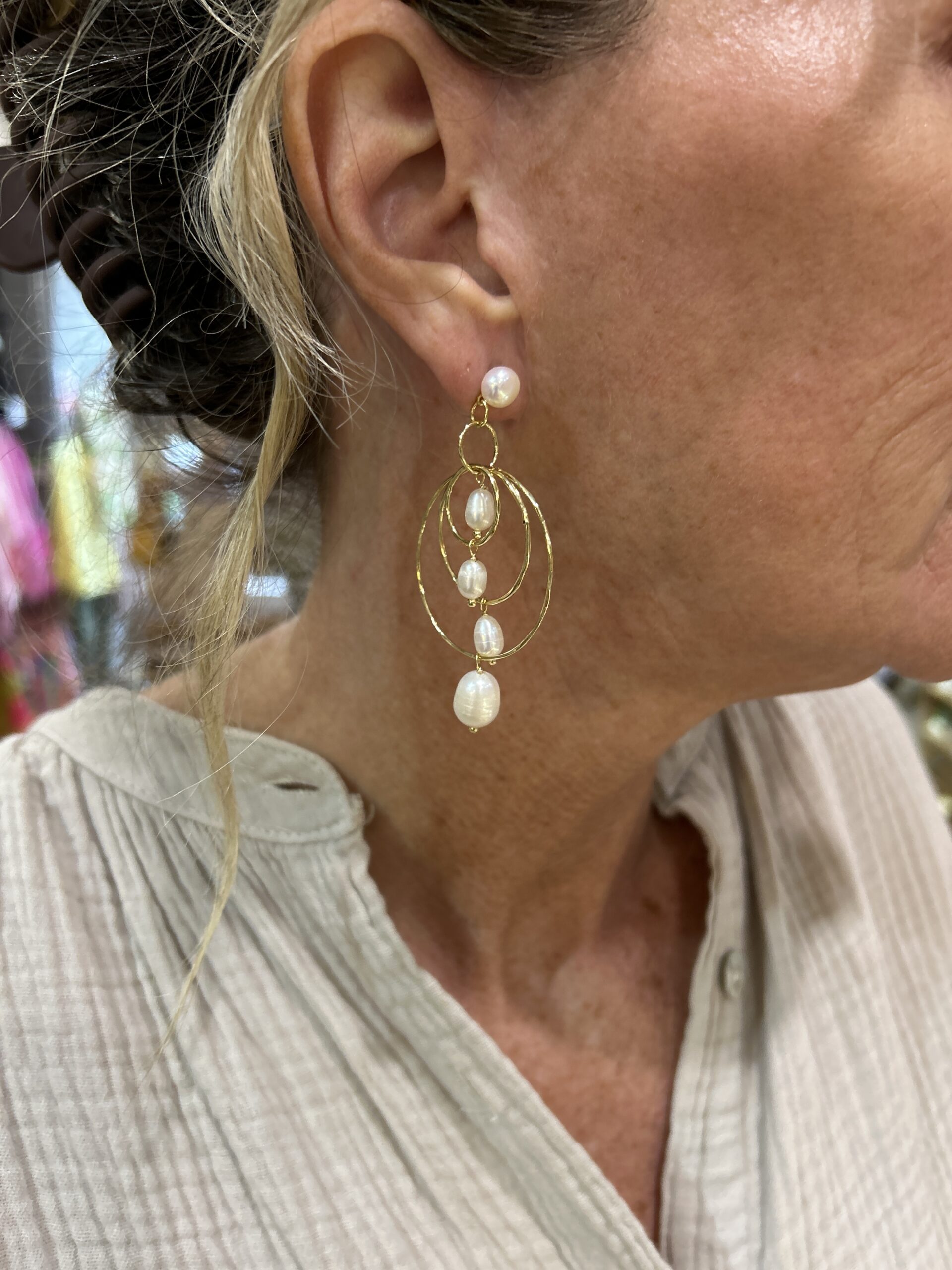 Freshwater Waterfall earrings. Gold hoops and pearl combination.
