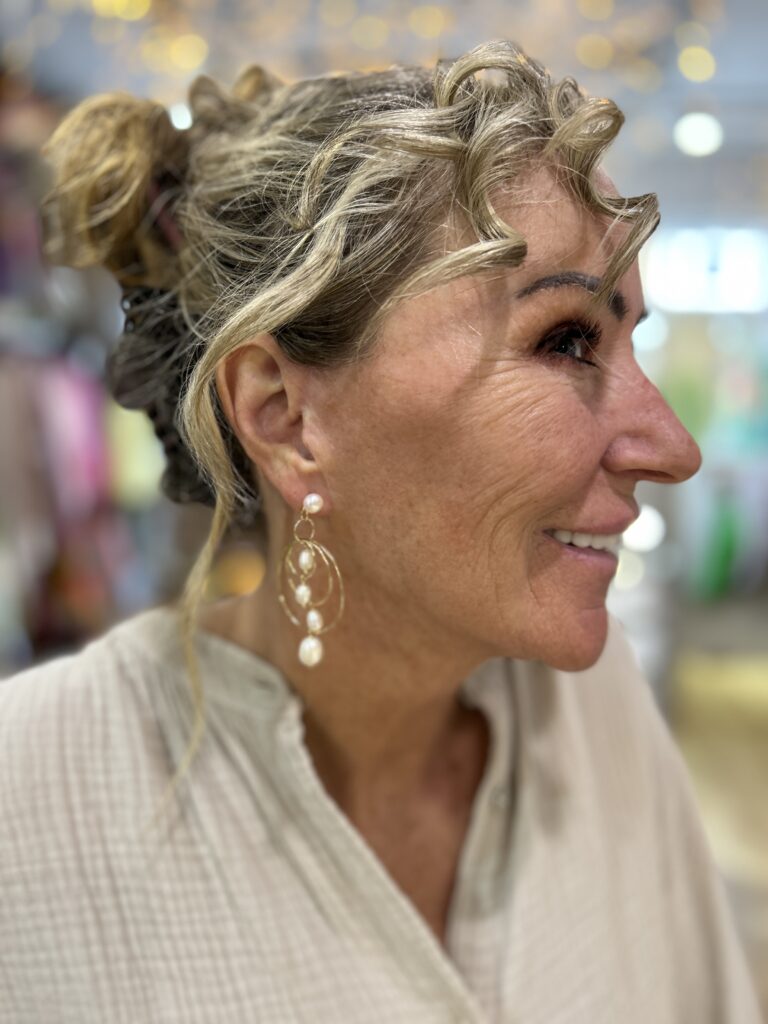 Freshwater Waterfall earrings. Gold hoops and pearl combination.