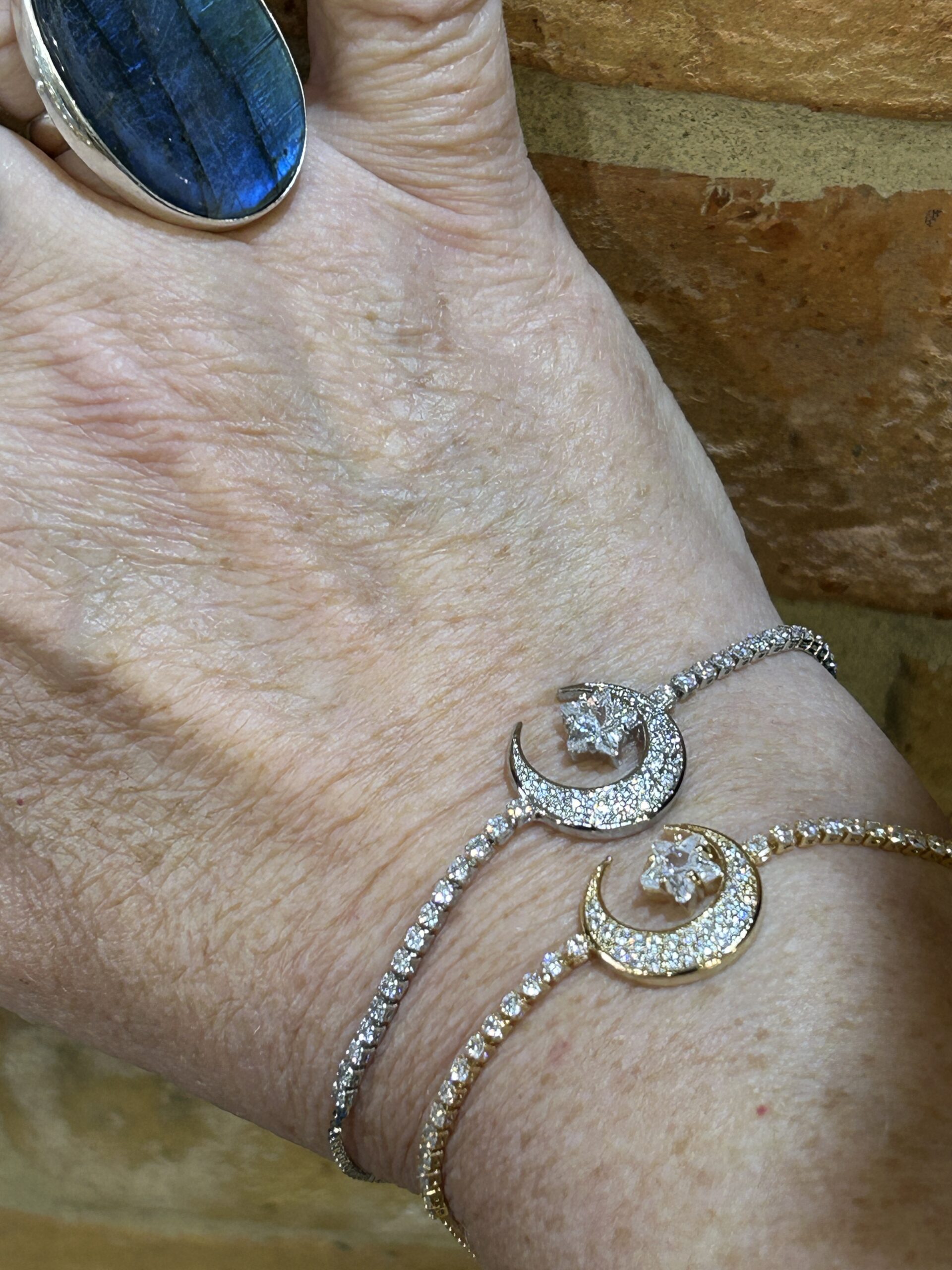 Moonstar Crystal slider bracelet. Silver and gold.