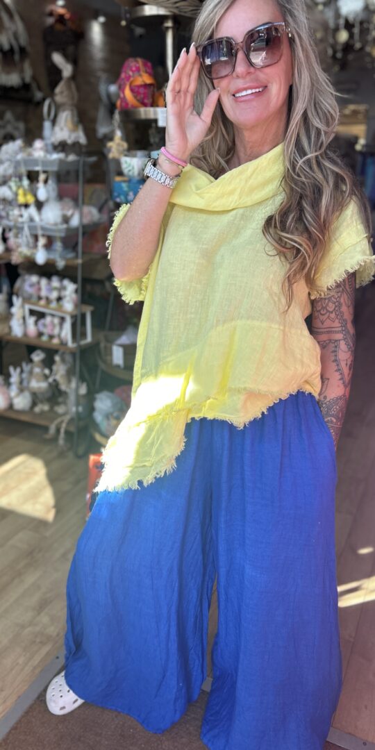 Lemon Bonnie Linen Top with loose neck line and Royal Blue Annie Linen Trousers