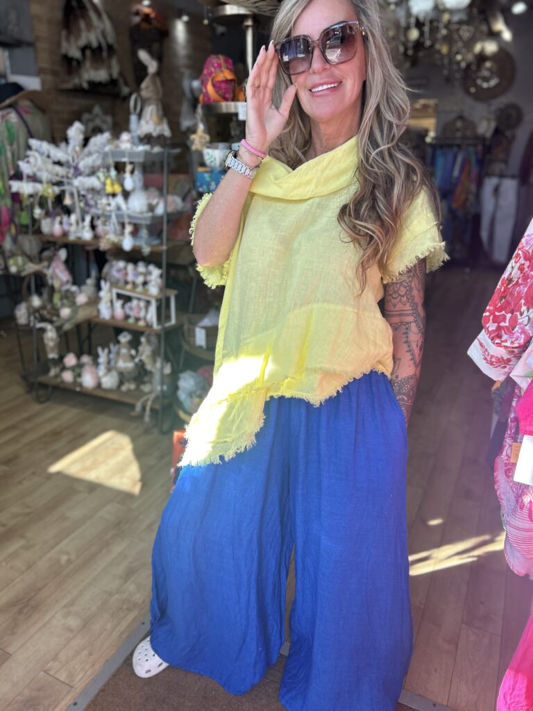 Lemon Bonnie Linen Top with loose neck line and Royal Blue Annie Linen Trousers