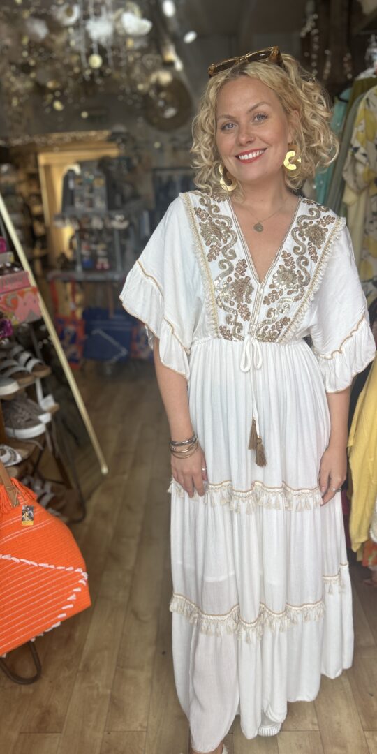 Charlotte maxi dress in ivory. Gold embroidery detail on neckline.