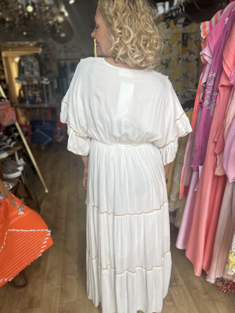 Charlotte maxi dress in ivory. Gold embroidery detail on neckline.