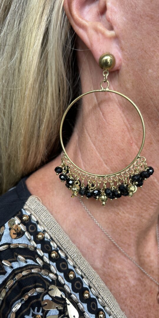 Rosie Hoop Earrings. Gold and black beads.