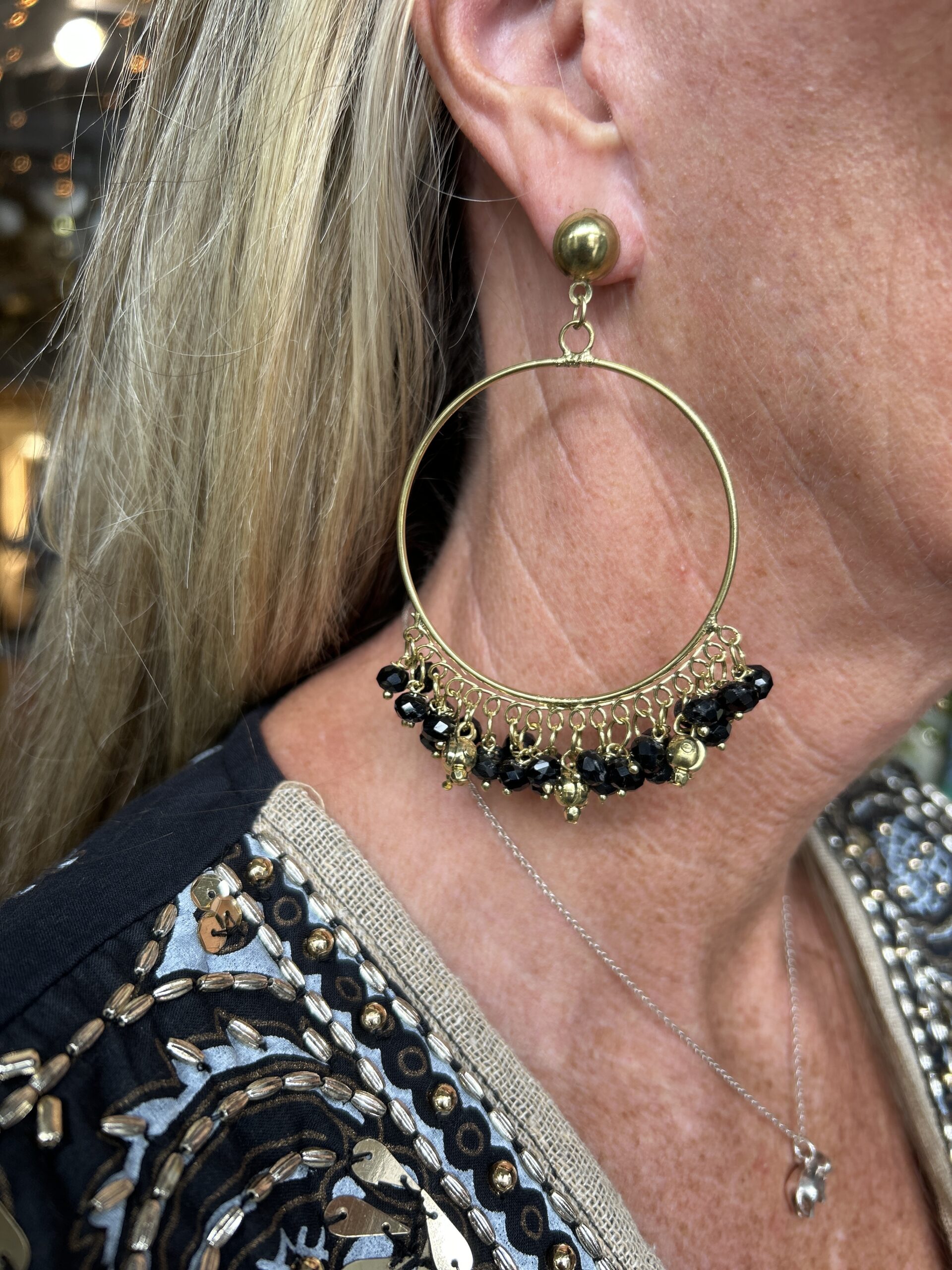 Rosie Hoop Earrings. Gold and black beads.