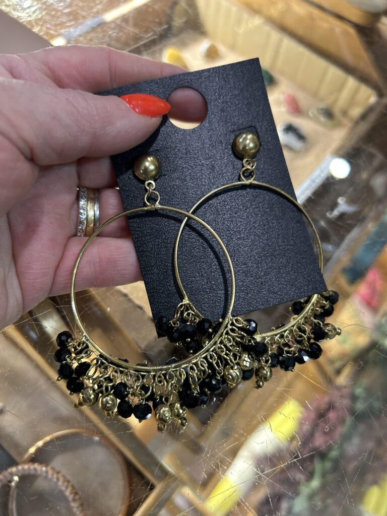 Rosie Hoop Earrings. Gold and black beads.