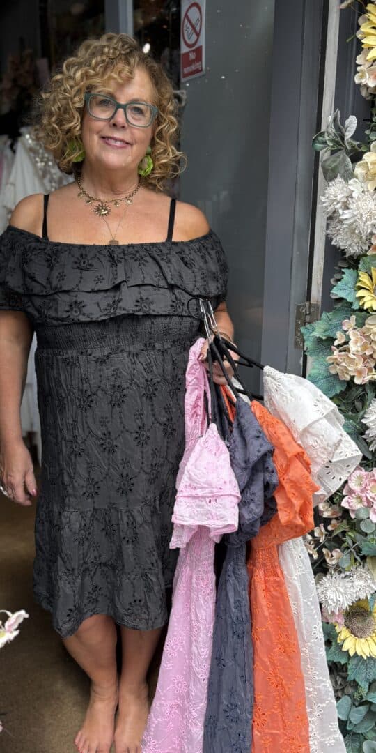 Portobello dress. Broderie anglais style. Shirred and frilled elastic top. Black.