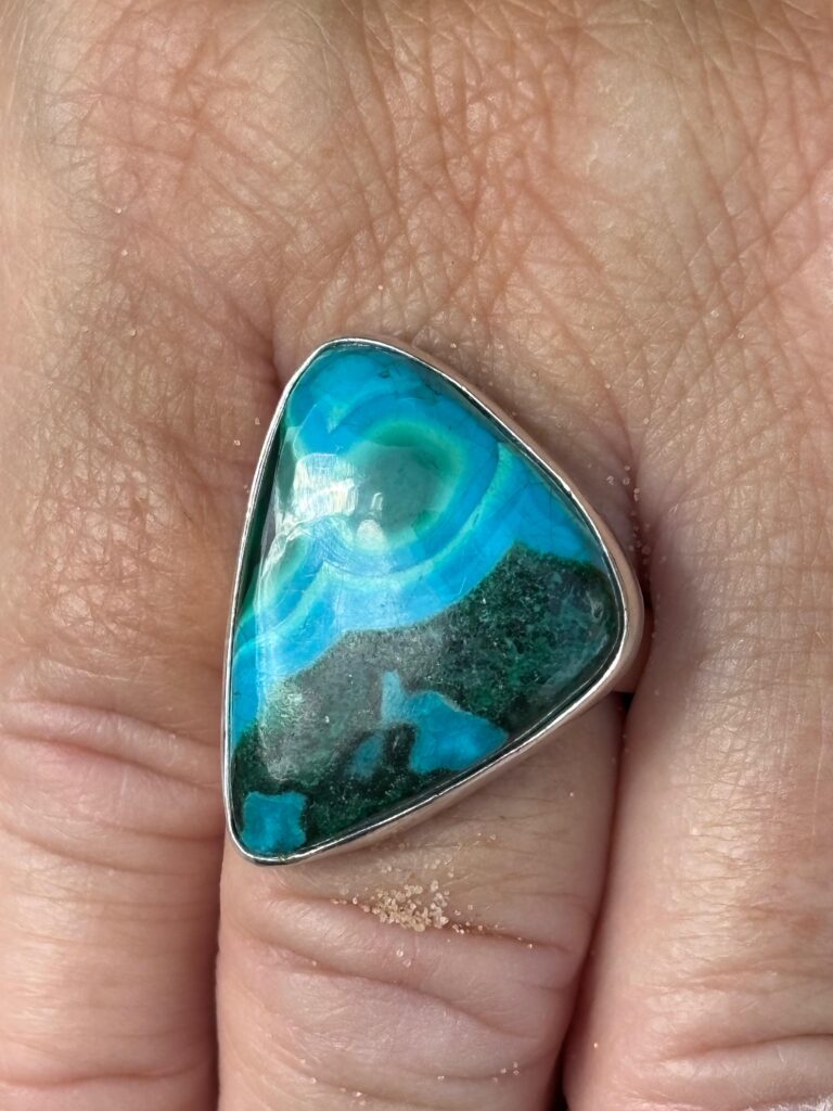Azorite triangular shape Sterling Silver ring. Many shades of of aqua blue.