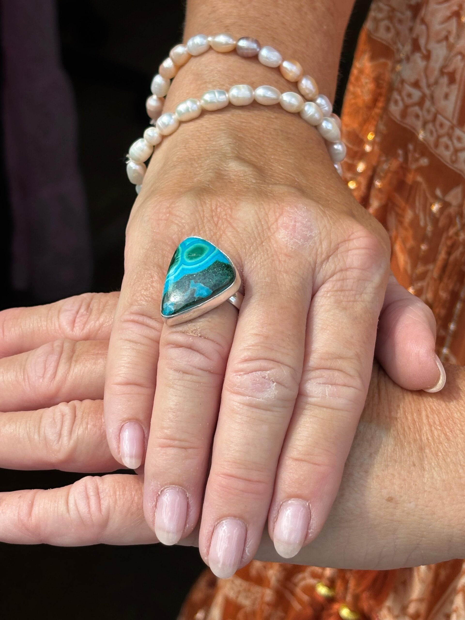 Azorite triangular shape Sterling Silver ring. Many shades of of aqua blue.