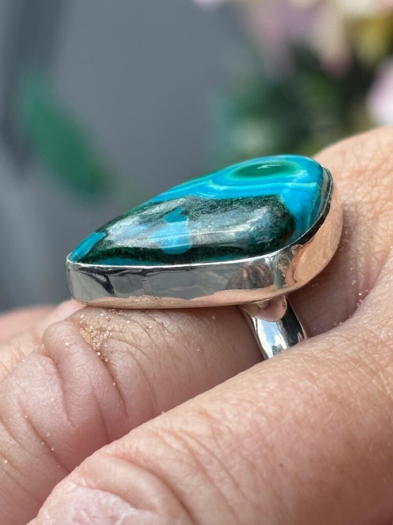 Azorite triangular shape Sterling Silver ring. Many shades of of aqua blue.