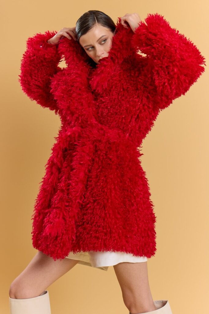 JAYLEY Red Bamboo Blend Faux Fur Shearling Coat