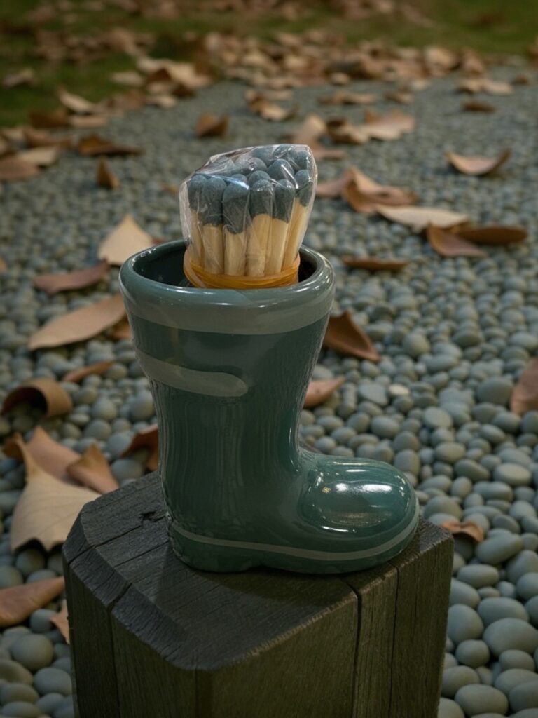 Ceramic Boot match holder. Green.