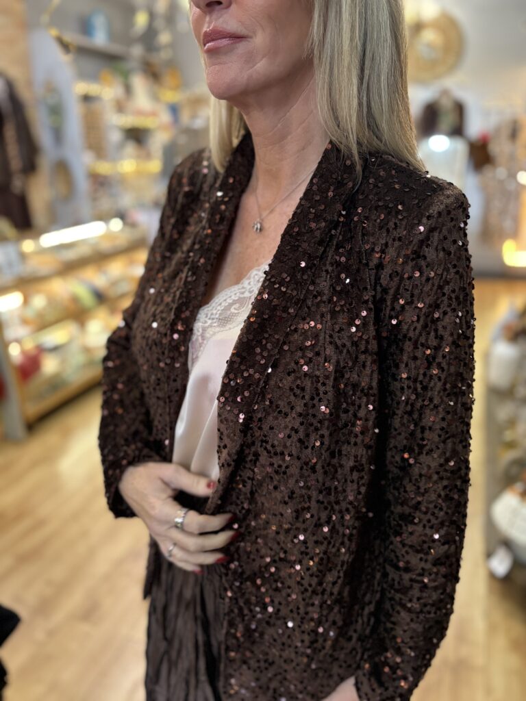 Cassie Sequin Jacket. Chocolate.
