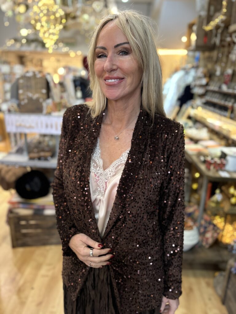 Cassie Sequin Jacket. Chocolate.