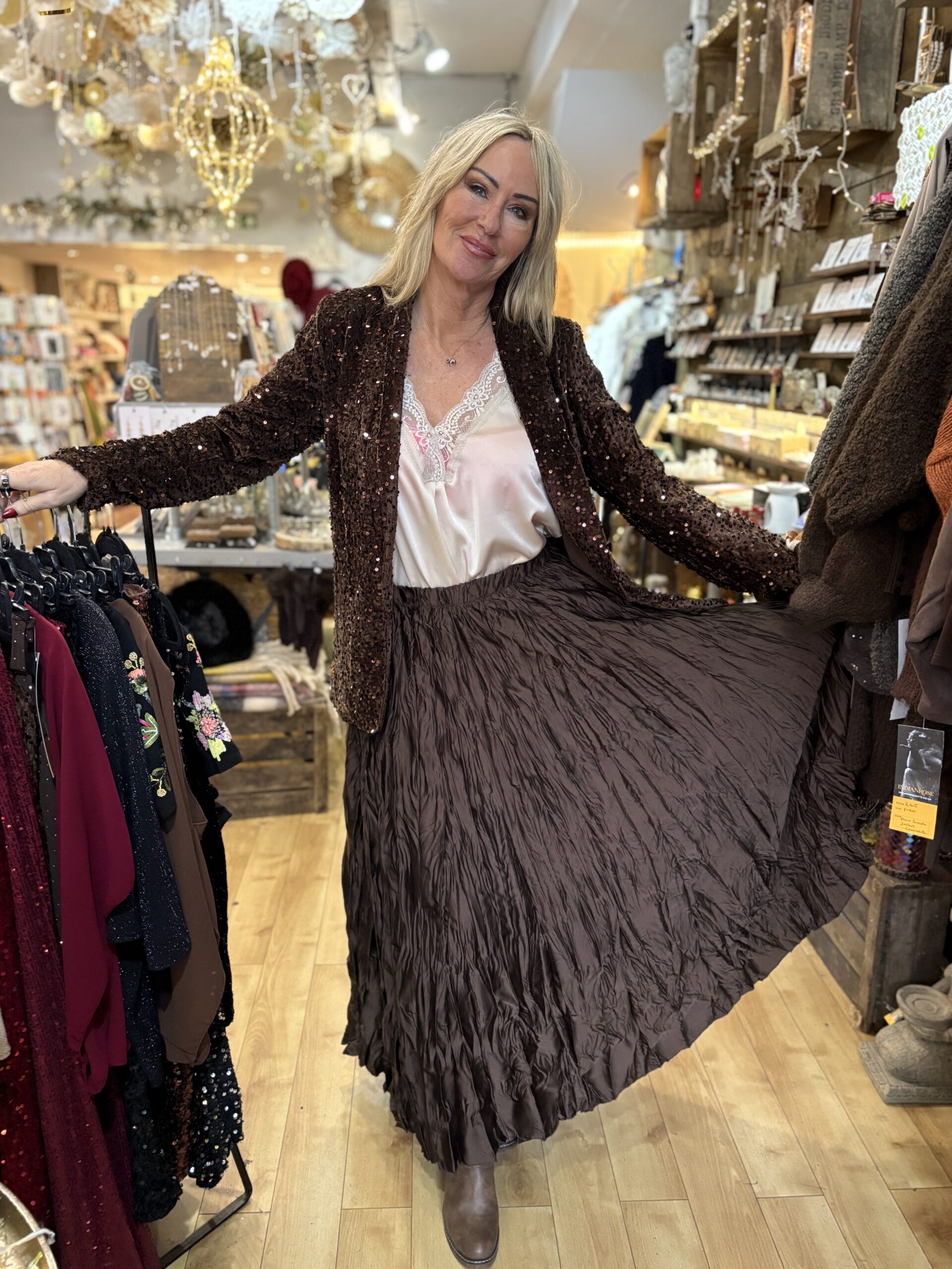 Miranda Crinkle skirt. Maxi length. Elasticated waistband. Chocolate.