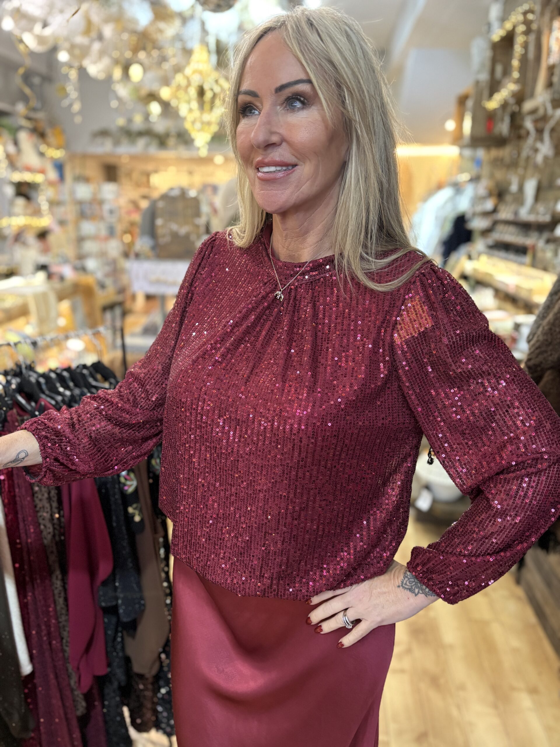 Vera Sequin top. Long sleeve in a wine colour.