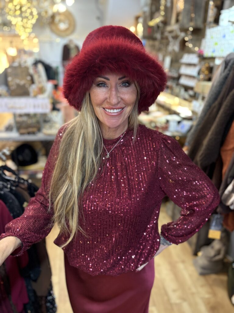 Vera Sequin top. Long sleeve in a wine colour.