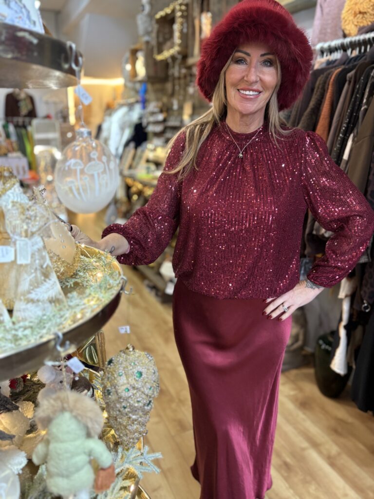 Vera Sequin top. Long sleeve in a wine colour.