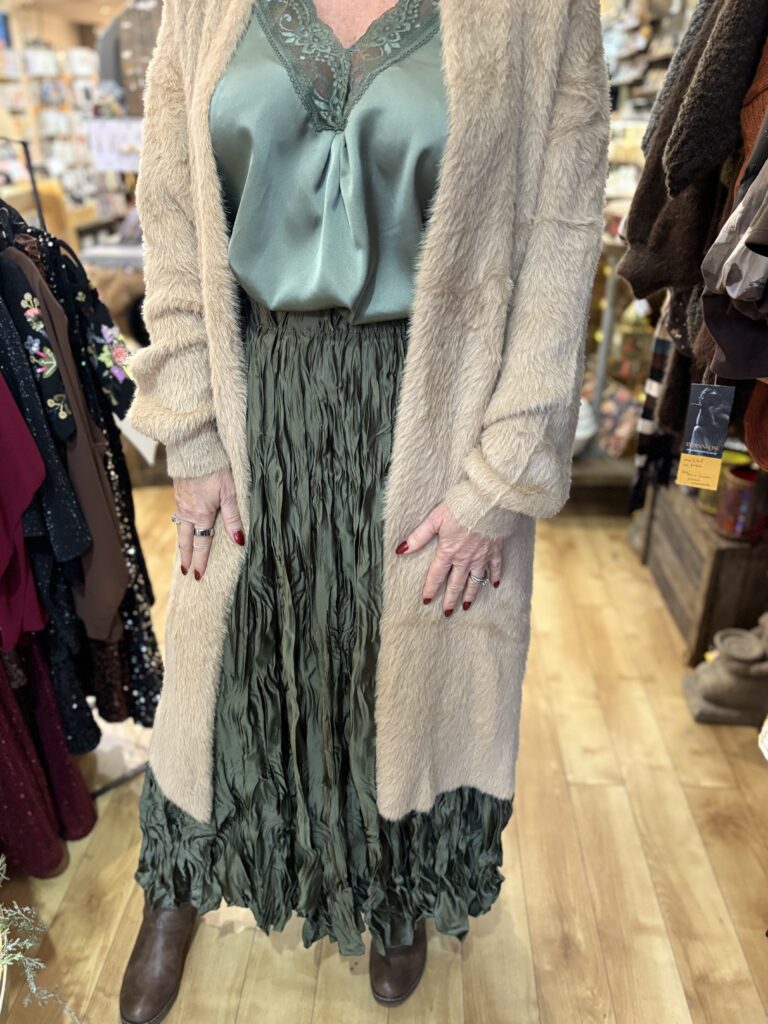 Miranda Crinkle skirt. Maxi length. Elasticated waistband. Sage