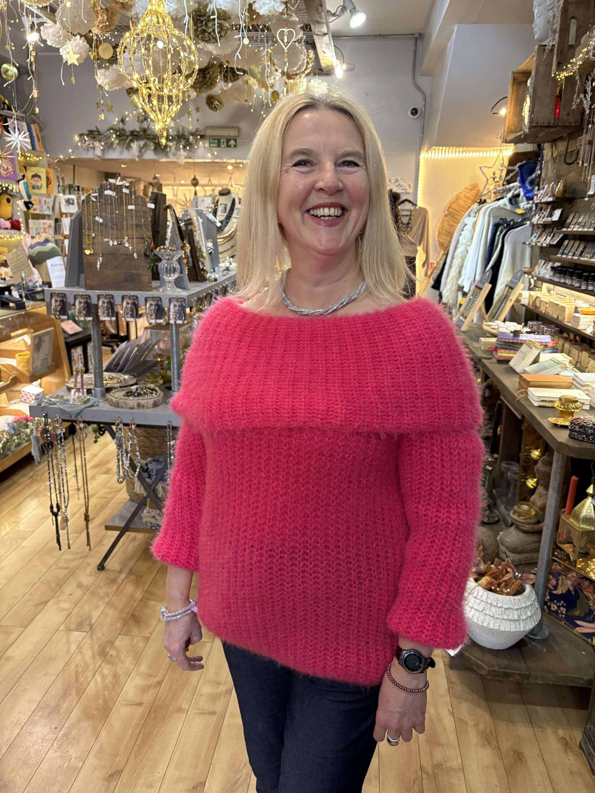 Angelo Off Shoulder jumper. Fluro pink.