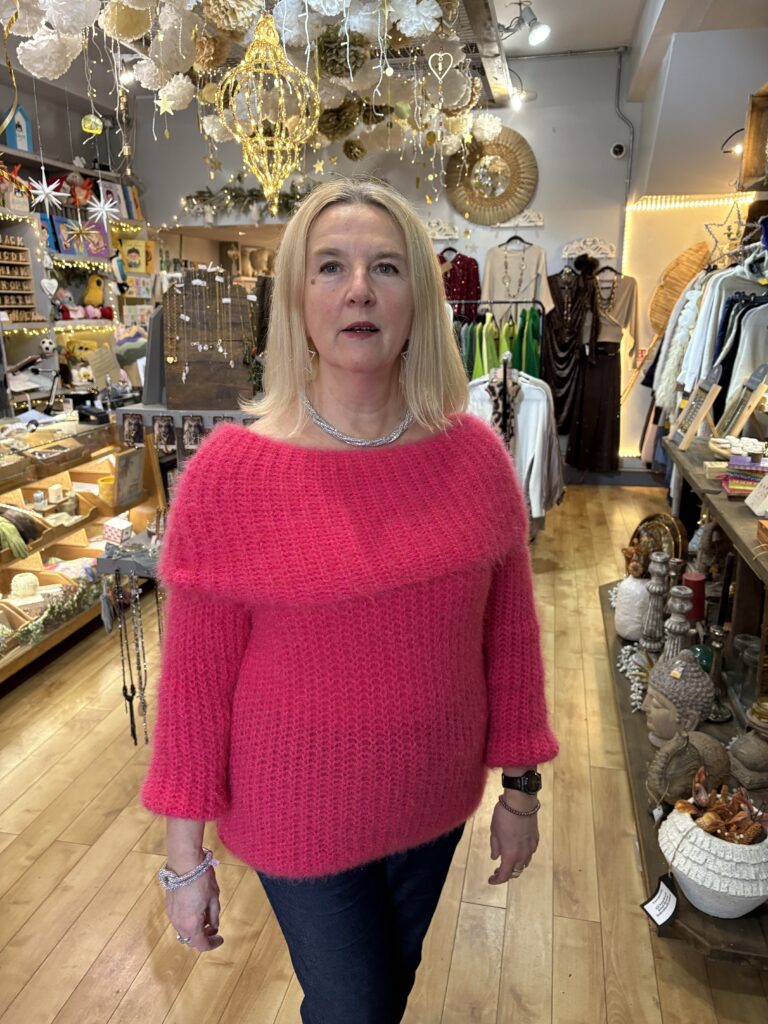 Angelo Off Shoulder jumper. Fluro pink.