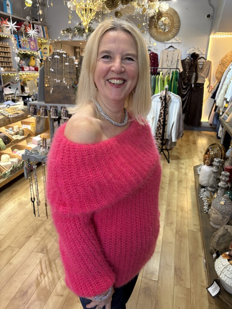 Angelo Off Shoulder jumper. Fluro pink.