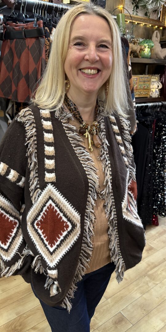 Godiva Cardigan. Fringed, geometrical aztec style.