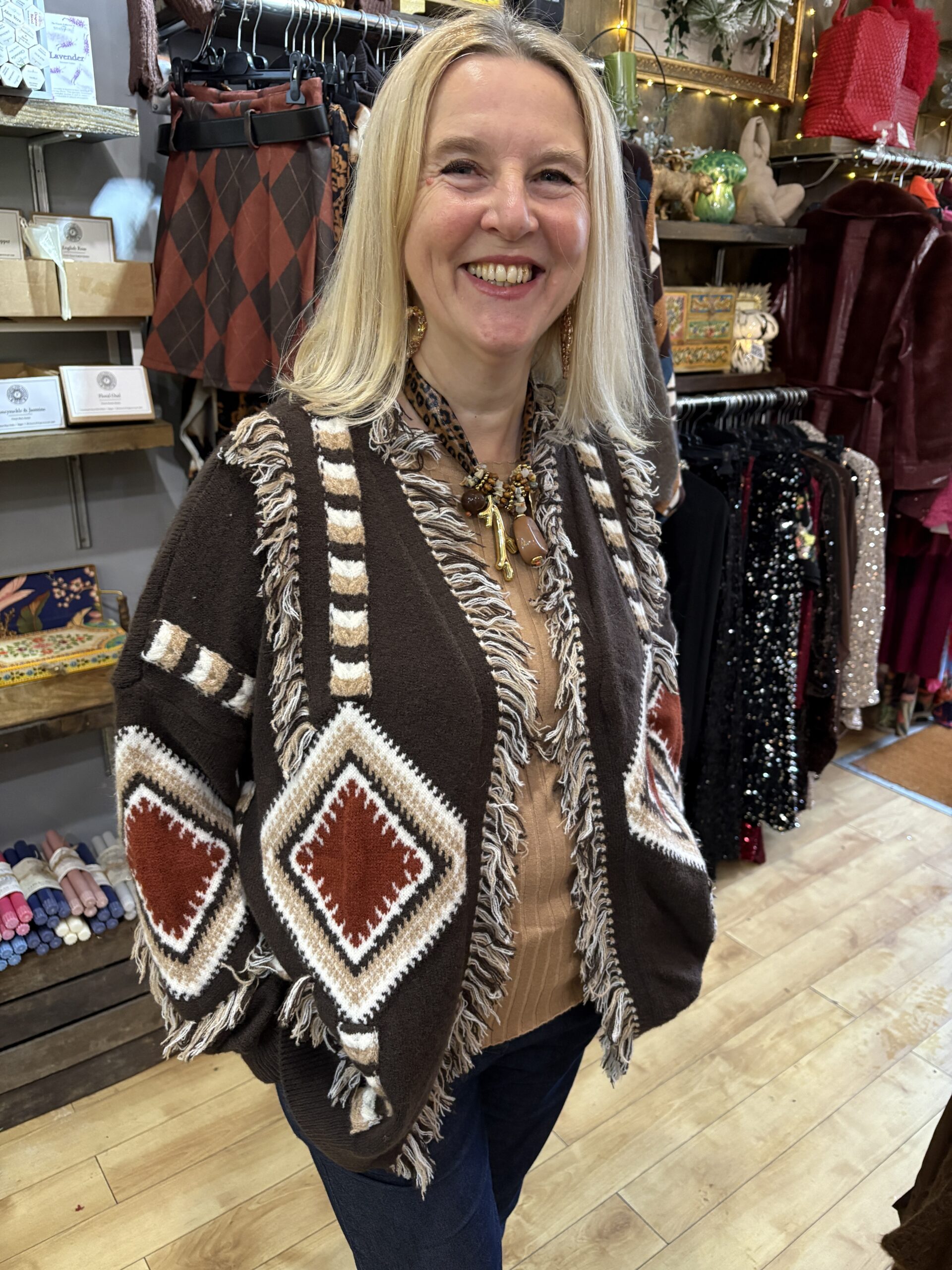 Godiva Cardigan. Fringed, geometrical aztec style.