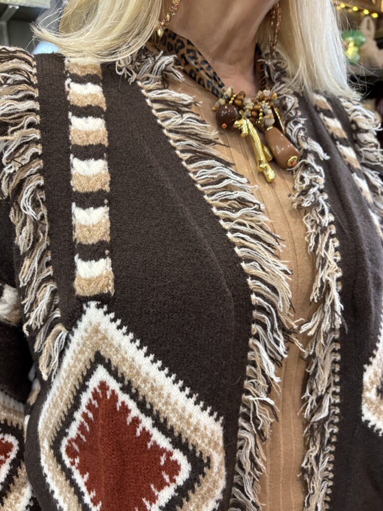 Godiva Cardigan. Fringed, geometrical aztec style.
