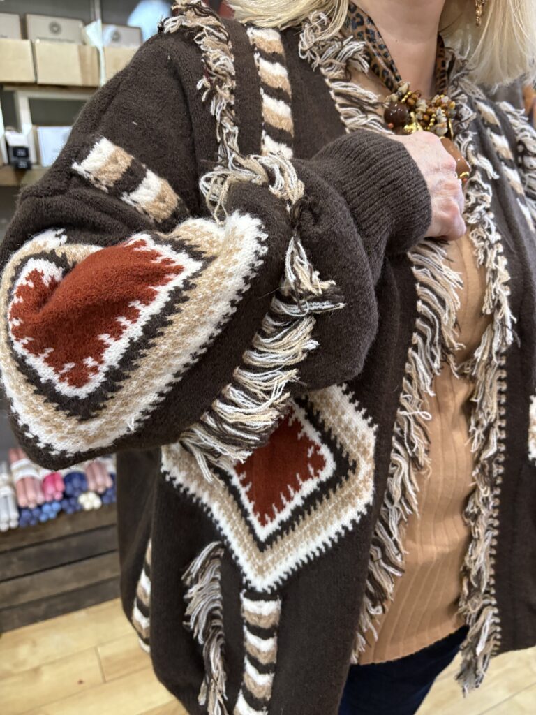 Godiva Cardigan. Fringed, geometrical aztec style.