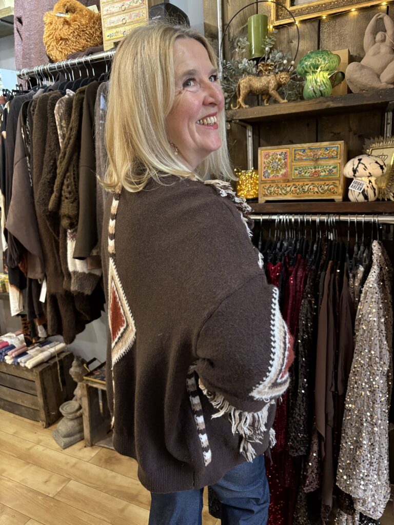 Godiva Cardigan. Fringed, geometrical aztec style.
