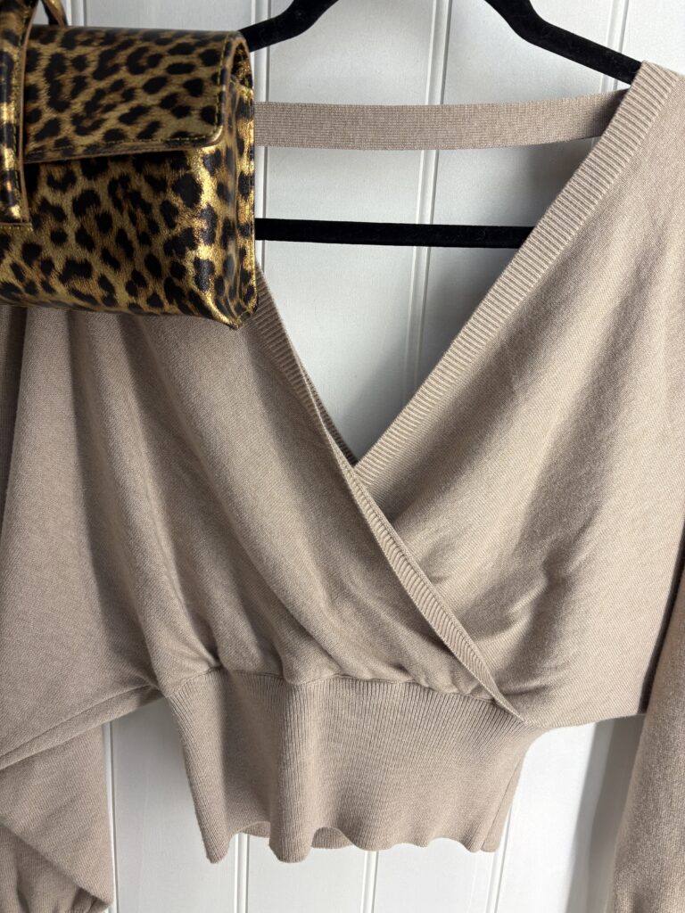 Hallie Crossover Jumper. V neck front and back. latte