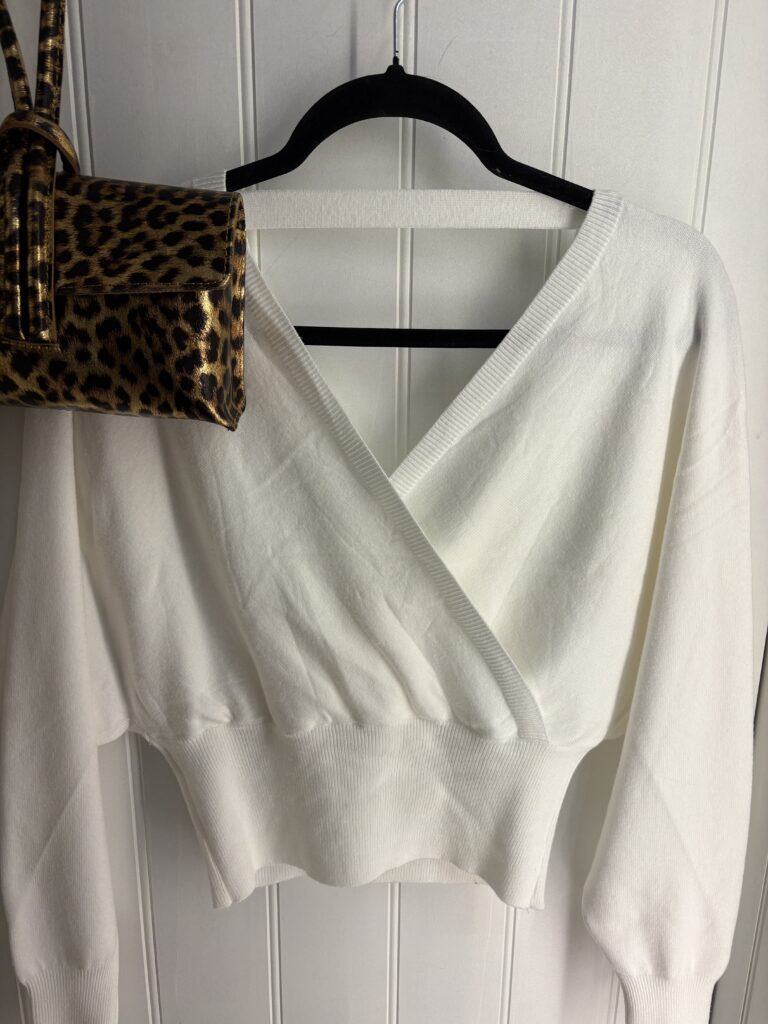 Hallie Crossover Jumper. V neck front and back. Winter white