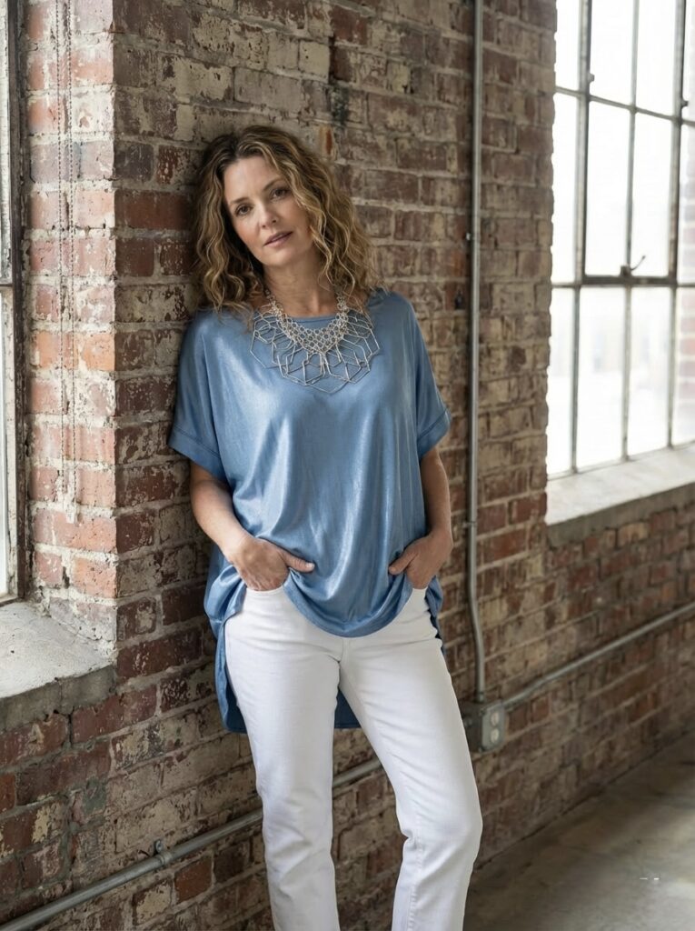 Lara Top. Satin front. Cotton back. Denim