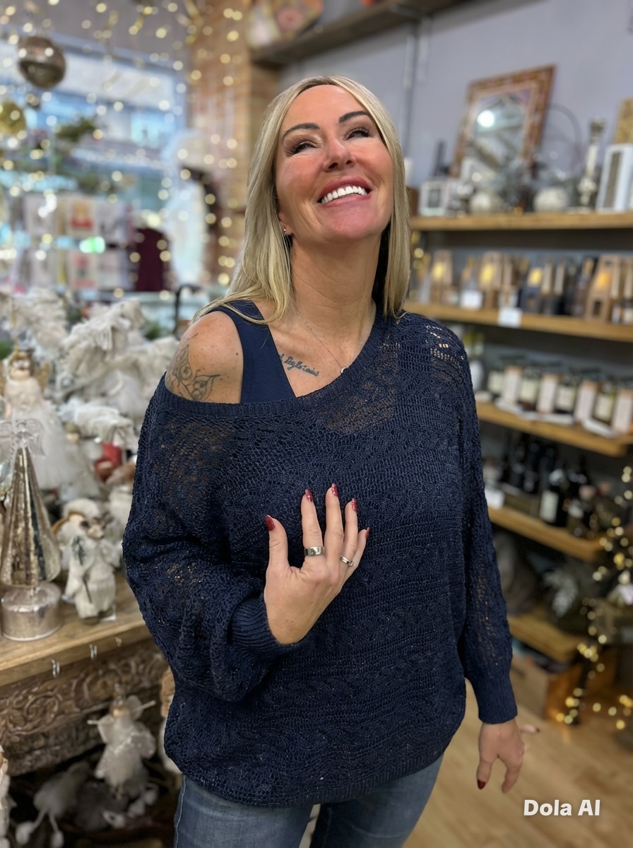 Melina crochet top. Long sleeve. Wide sleeve. Navy