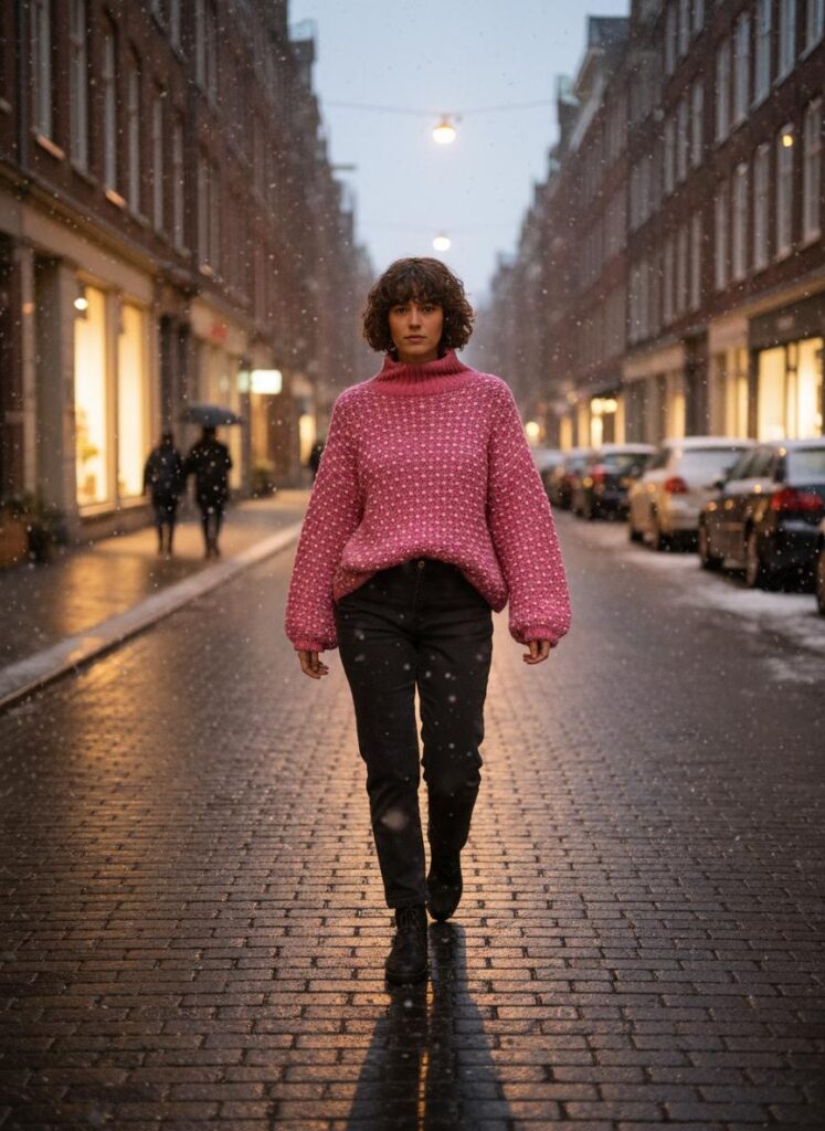 Rex Jumper. Speckled pattern. High ribbed neck. Ribbed cuffs. Milkshake.