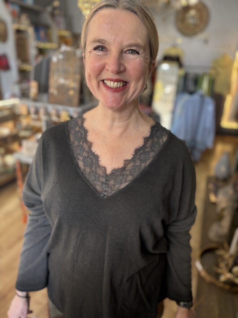 Wilma top. Lacy V-neck, long sleeve. Charcoal
