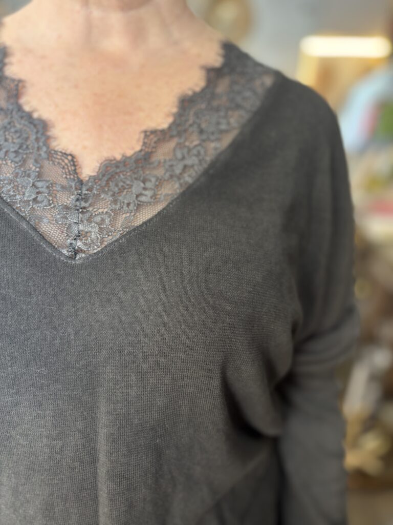 Wilma top. Lacy V-neck, long sleeve. Charcoal