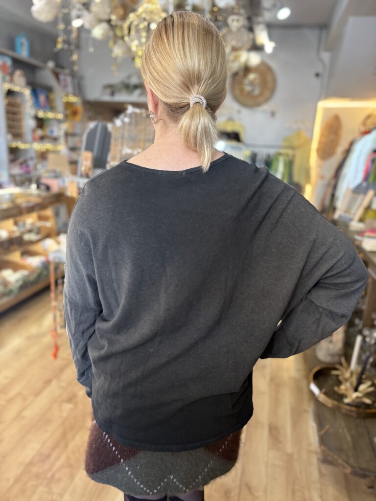 Wilma top. Lacy V-neck, long sleeve. Charcoal.